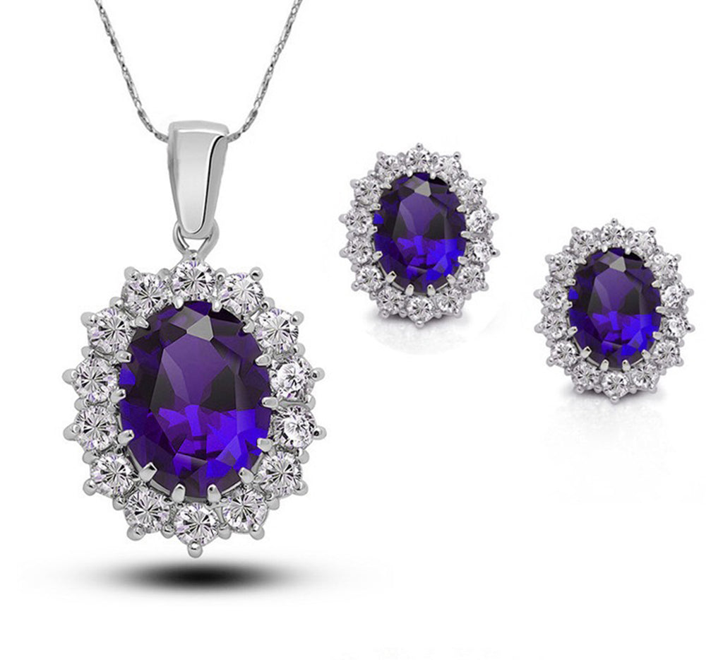 18K White Gold Created Amethyst  Round 4 Carat Oval Necklace Plated 18 inch