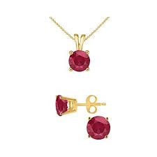 18K Yellow Gold 2ct Ruby Round 18 Inch Necklace and Earrings Set Plated