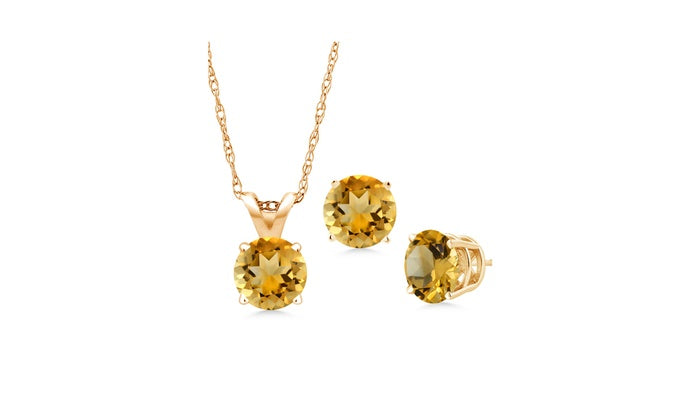 18K Yellow Gold 1ct Citrine Round 18 Inch Necklace and Earrings Set Plated
