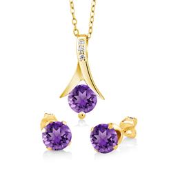 18K Yellow Gold 2ct Amethyst Round 18 Inch Necklace and Earrings Set Plated