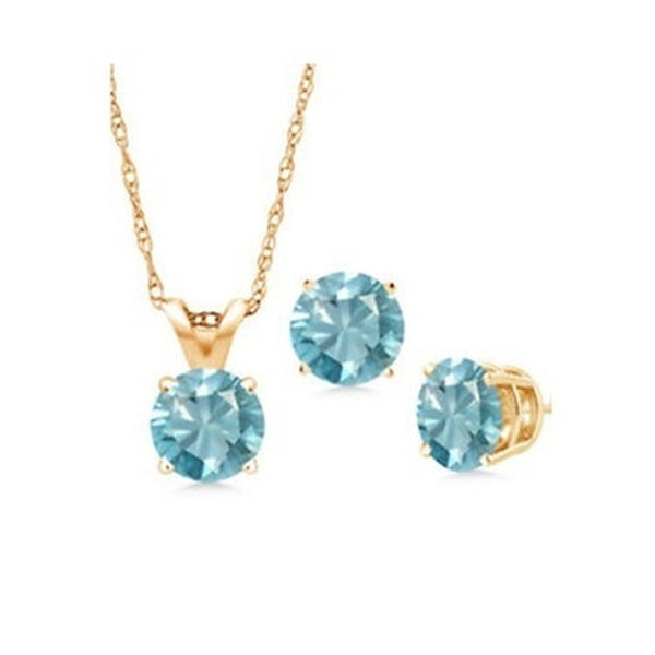 18K Yellow Gold 2ct  Aquamarine Round 18 Inch Necklace and Earrings Set Plated