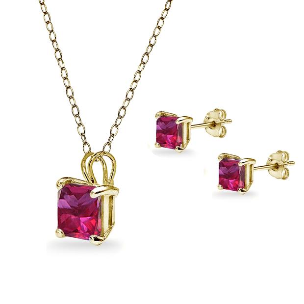 18K Yellow Gold 4ct Ruby Square 18 Inch Necklace and Earrings Set Plated