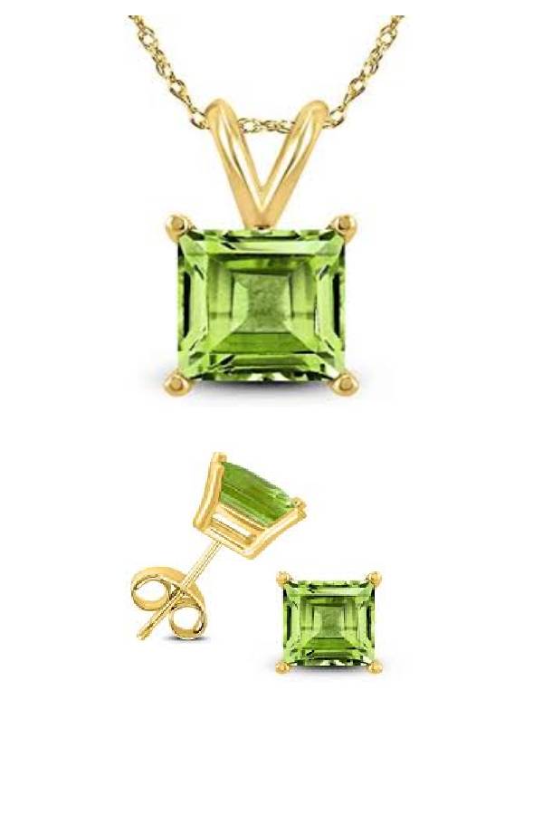 18K Yellow Gold 2ct Peridot Square 18 Inch Necklace and Earrings Set Plated
