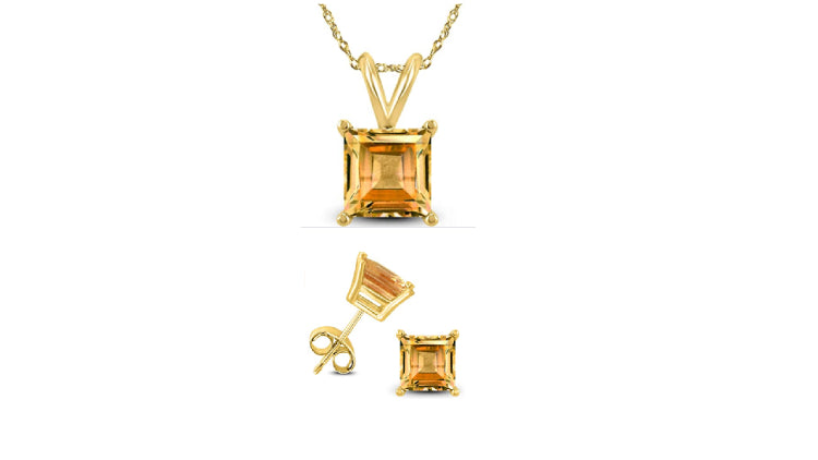 18K Yellow Gold 1/2ct Citrine Square 18 Inch Necklace and Earrings Set Plated