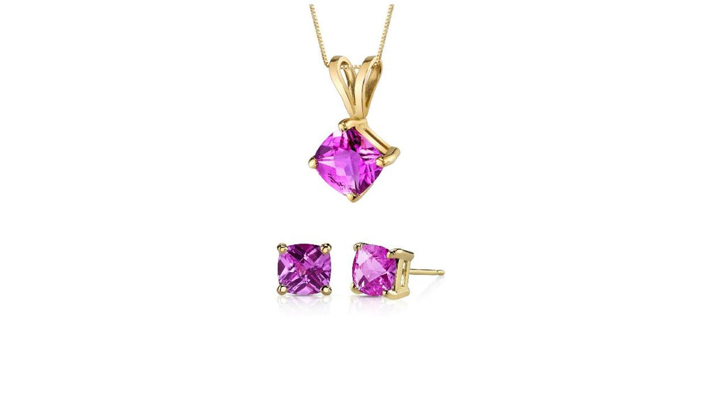 18K Yellow Gold 4ct Pink sapphire Square 18 Inch Necklace and Earrings Set Plated