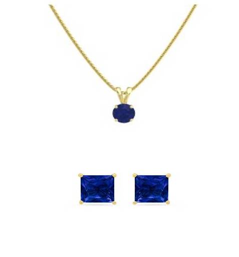 18K Yellow Gold 3ct Blue Sapphire Round 18 Inch Necklace and Square Earrings Set Plated