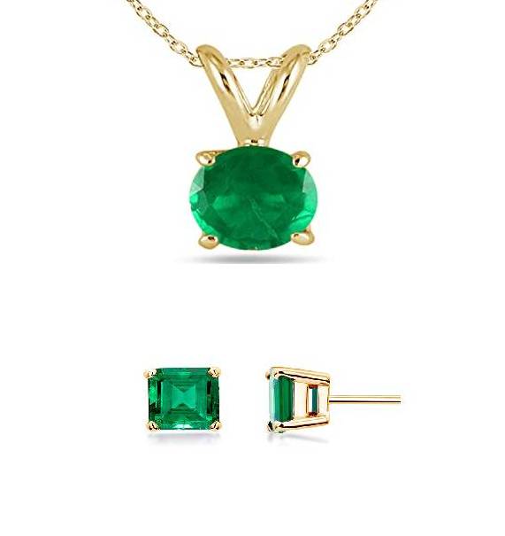 18K Yellow Gold 4ct Emerald Round 18 Inch Necklace and Square Earrings Set Plated