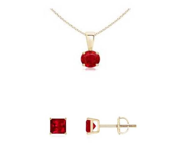 18K Yellow Gold 2ct Ruby Round 18 Inch Necklace and Square Earrings Set Plated