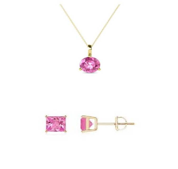 18K Yellow Gold 4ct Pink Sapphire Round 18 Inch Necklace and Square Earrings Set Plated