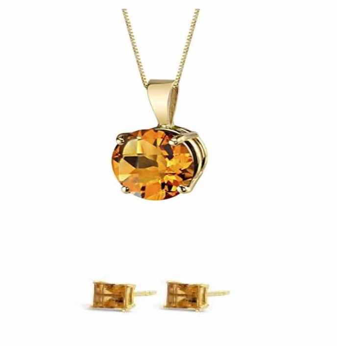 18K Yellow Gold 1/2ct Citrine Round 18 Inch Necklace and Square Earrings Set Plated