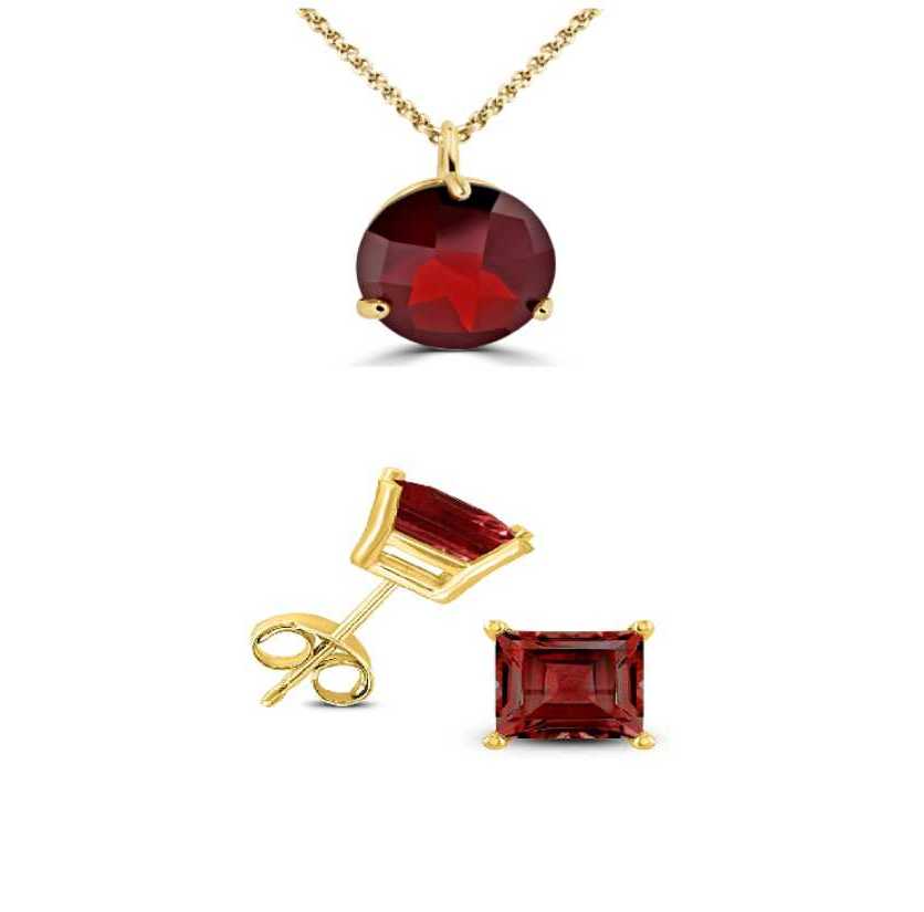 18K Yellow Gold 2ct Garnet Round 18 Inch Necklace and Square Earrings Set Plated