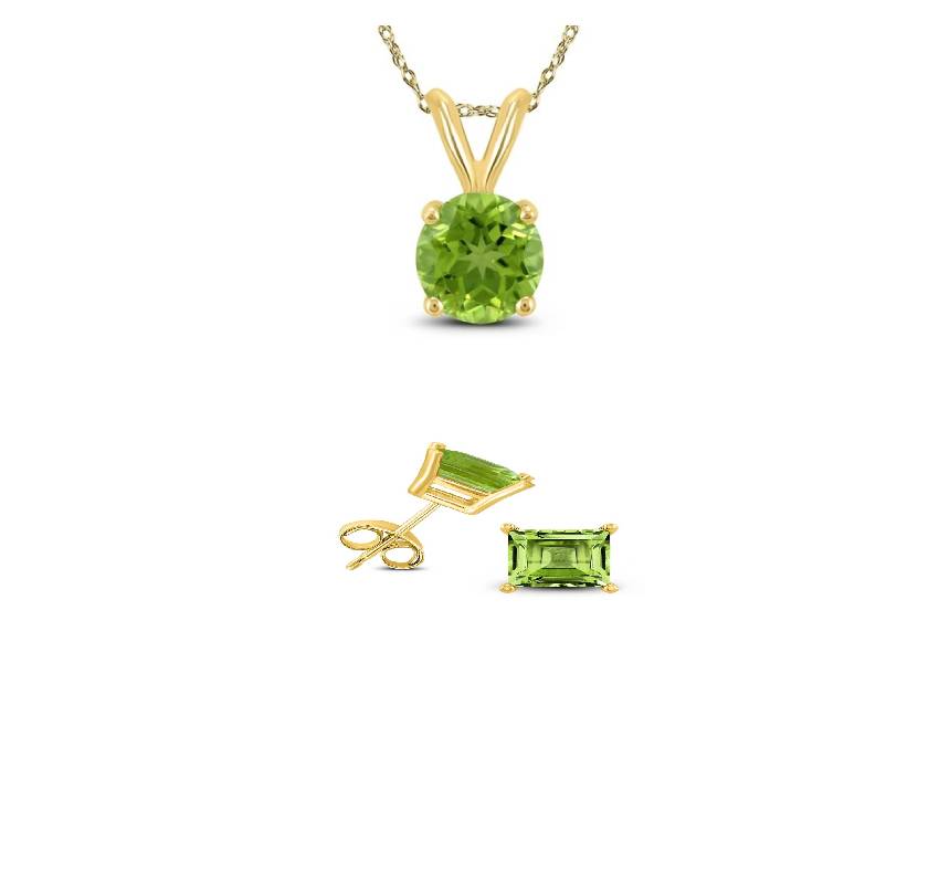18K Yellow Gold 1/2ct Peridot Round 18 Inch Necklace and Square Earrings Set Plated