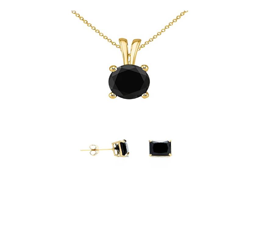 18K Yellow Gold 1/2ct Black Sapphire Round 18 Inch Necklace and Square Earrings Set Plated