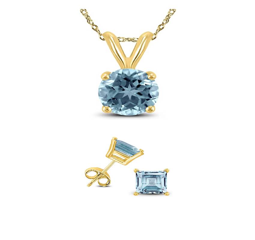 18K Yellow Gold 2ct Aquamarine Round 18 Inch Necklace and Square Earrings Set Plated
