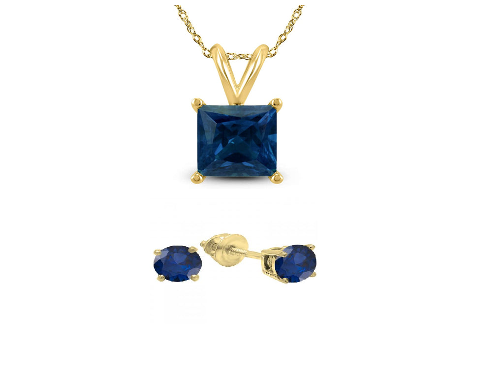 18K Yellow Gold 2ct Blue Sapphire Square 18 Inch Necklace and Round Earrings Set Plated