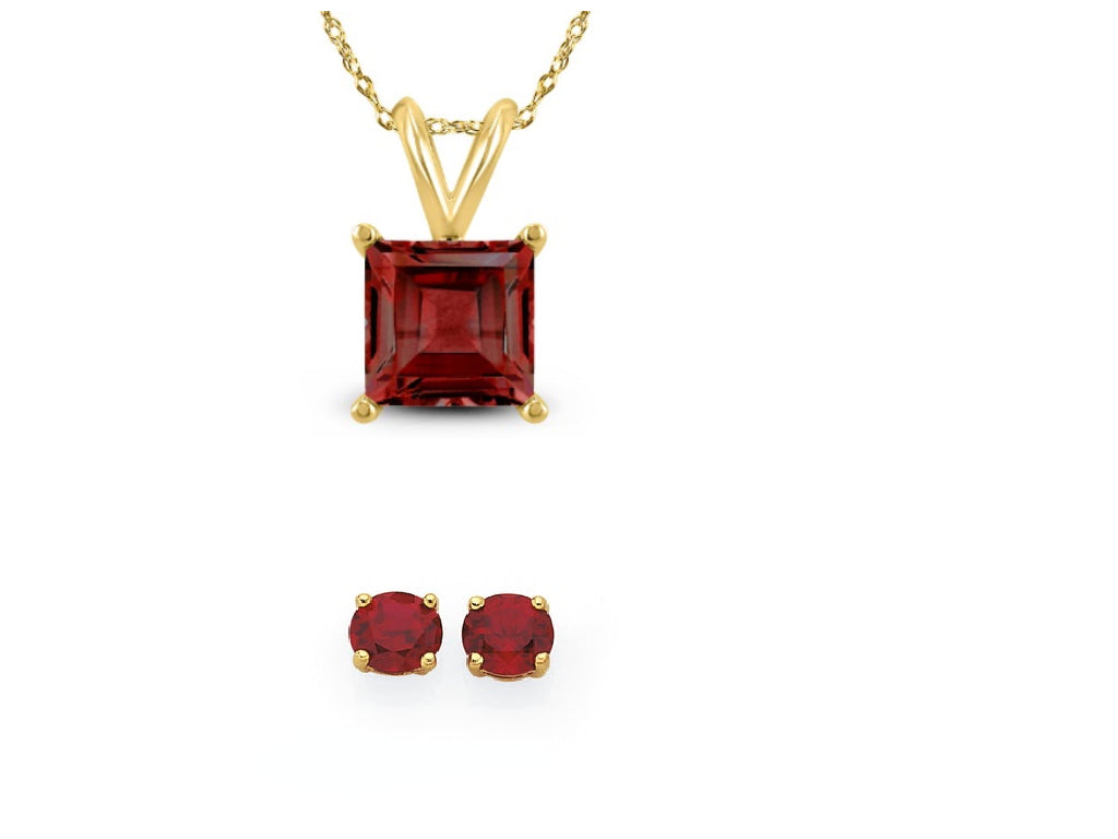 18K Yellow Gold 2ct Garnet Square 18 Inch Necklace and Round Earrings Set Plated