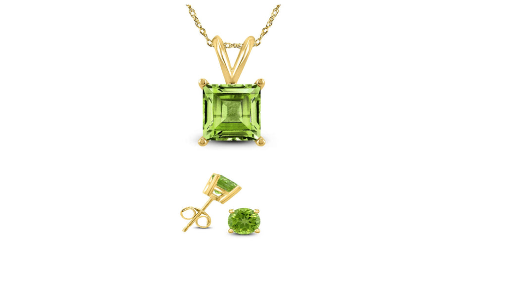 18K Yellow Gold 2ct Peridot Square 18 Inch Necklace and Round Earrings Set Plated