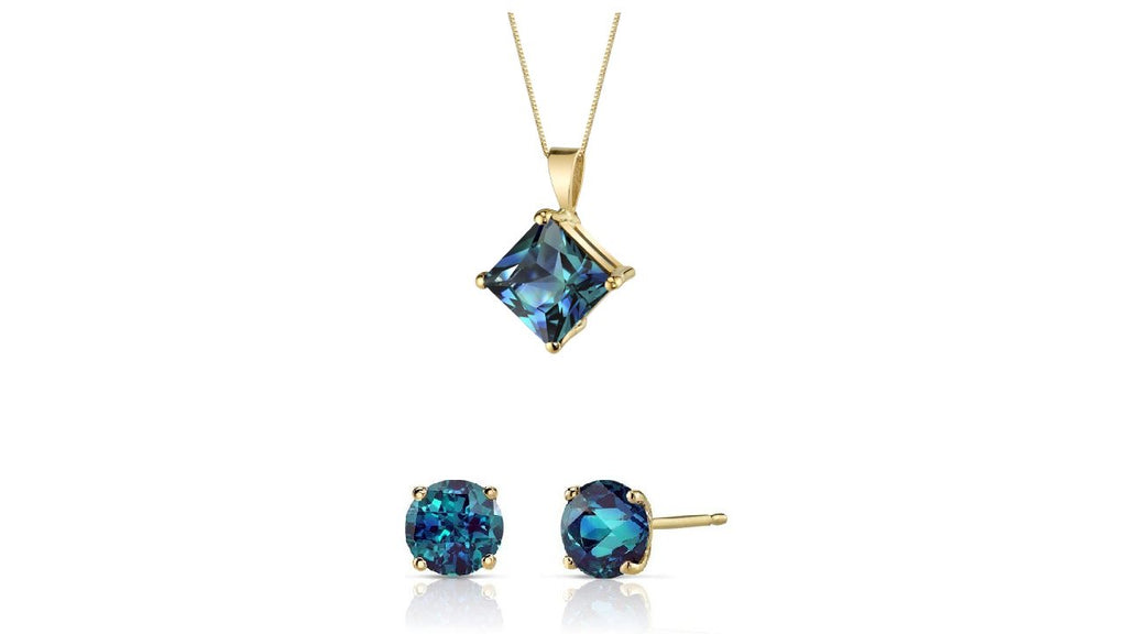 18K Yellow Gold 2ct Alexandrite Square 18 Inch Necklace and Round Earrings Set Plated