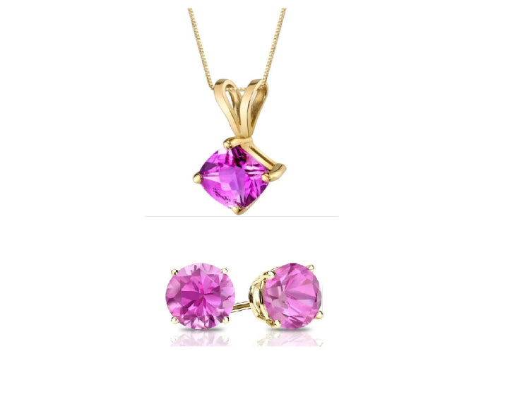 18K Yellow Gold 1ct Pink Sapphire Square 18 Inch Necklace and Round Earrings Set Plated