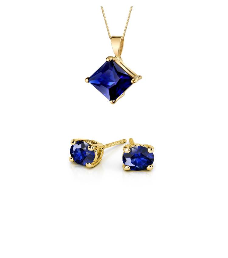 18K Yellow Gold 3ct Blue Sapphire Princess Cut 18 Inch Necklace and Round Earrings Set Plated