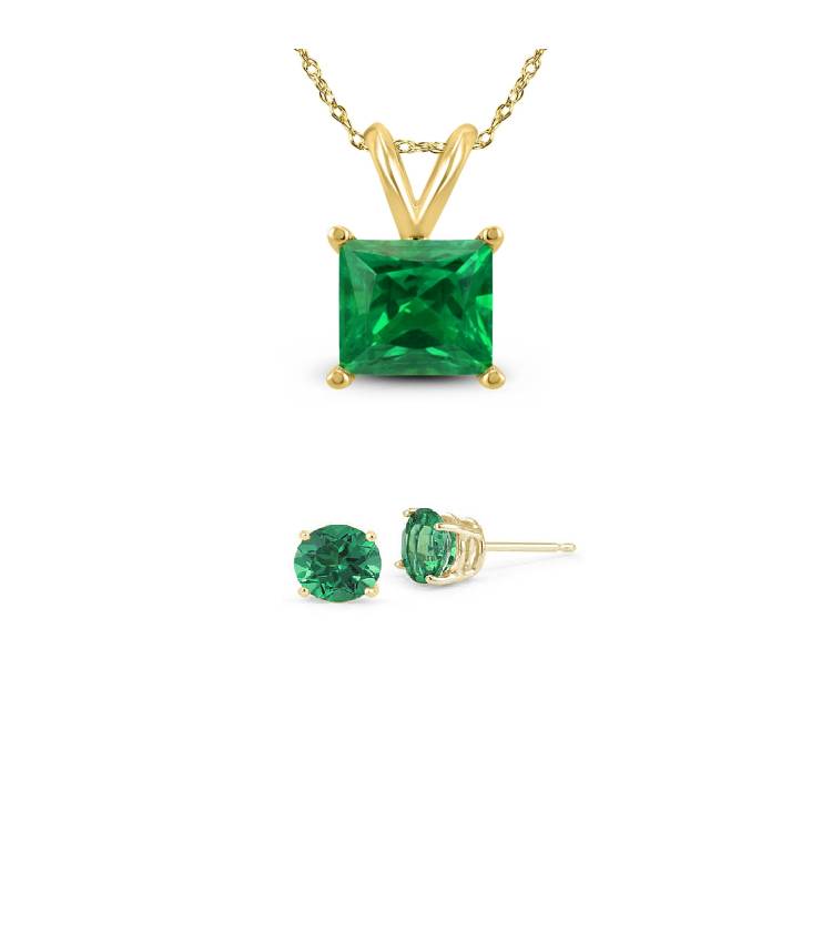 18K Yellow Gold 2ct Emerald Princess Cut 18 Inch Necklace and Round Earrings Set Plated