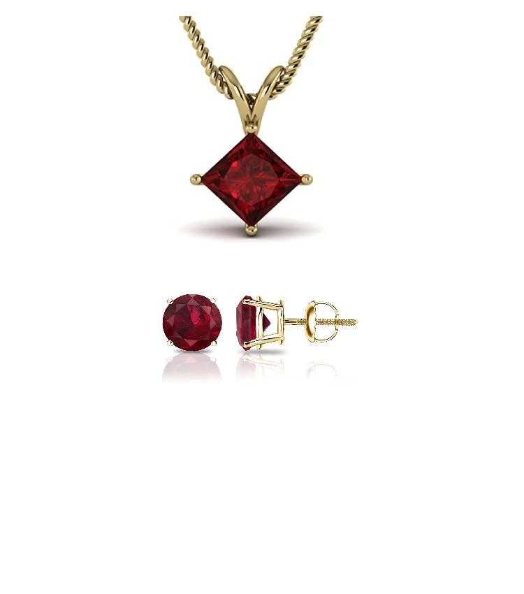 18K Yellow Gold 2ct Ruby Princess Cut 18 Inch Necklace and Round Earrings Set Plated