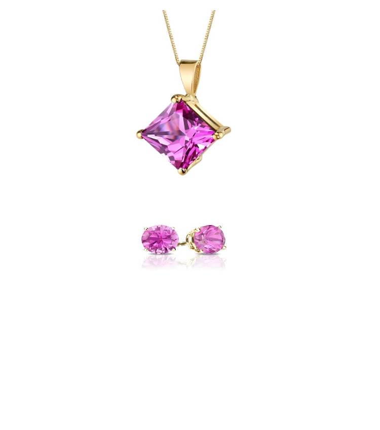 18K Yellow Gold 2ct Pink Sapphire Princess Cut 18 Inch Necklace and Round Earrings Set Plated