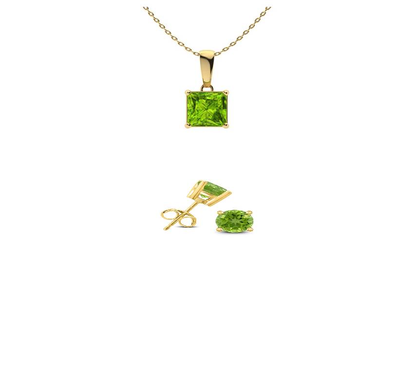 18K Yellow Gold 2ct  Peridot Princess Cut 18 Inch Necklace and Round Earrings Set Plated