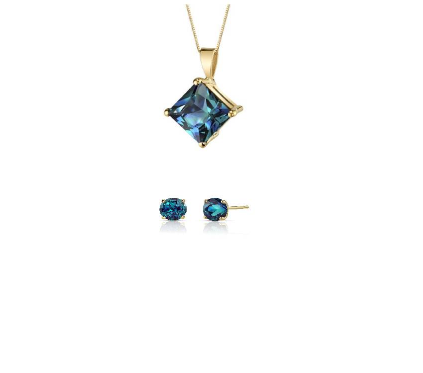 18K Yellow Gold 1ct Alexandrite Princess Cut 18 Inch Necklace and Round Earrings Set Plated