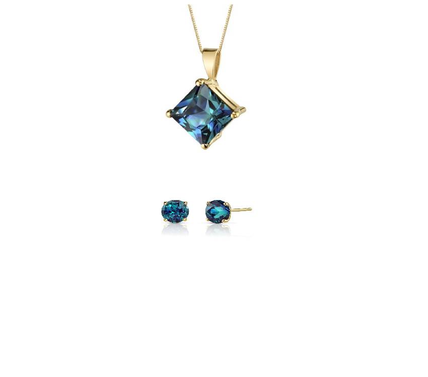 18K Yellow Gold 1/2ct Alexandrite Princess Cut 18 Inch Necklace and Round Earrings Set Plated