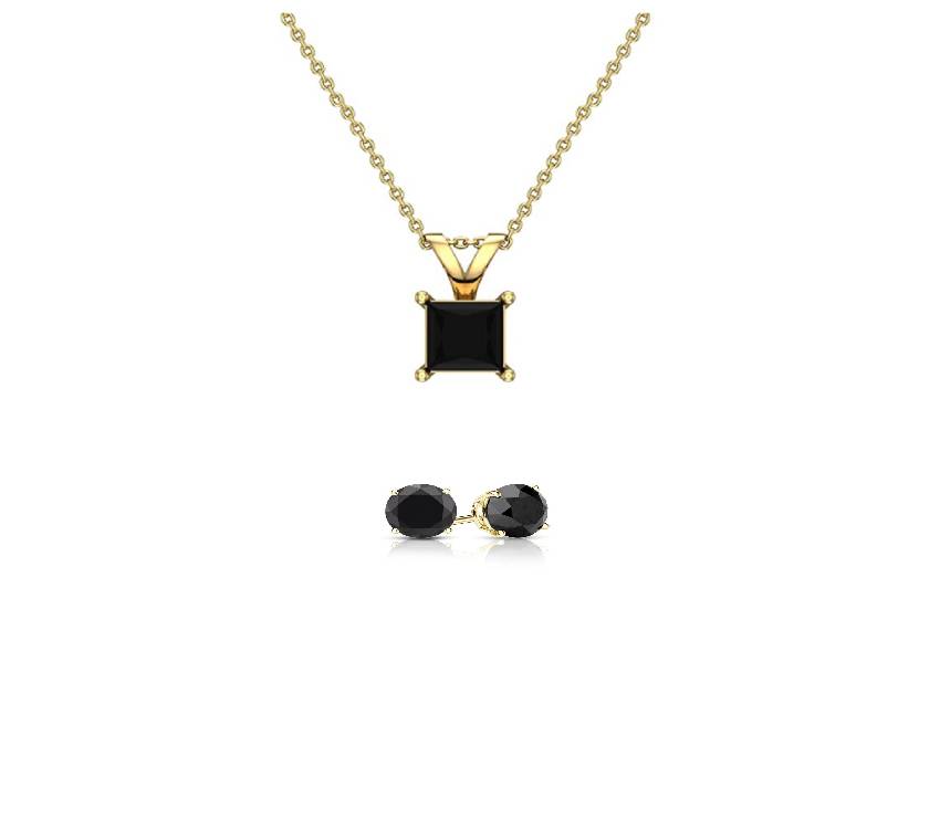 18K Yellow Gold 2ct Black Sapphire Princess Cut 18 Inch Necklace and Round Earrings Set Plated