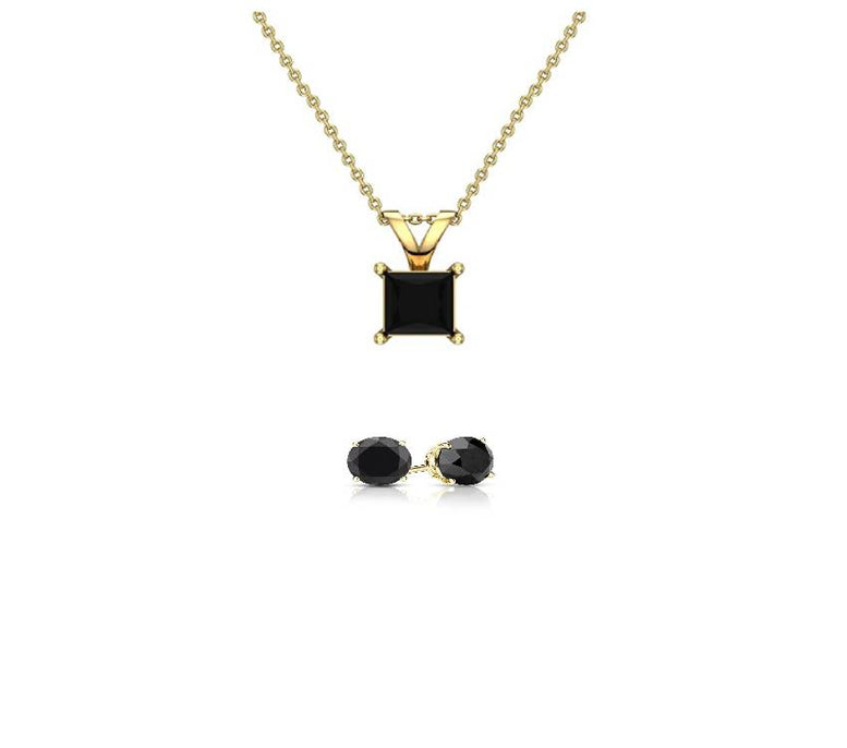 18K Yellow Gold 1/2ct Black Sapphire Princess Cut 18 Inch Necklace and Round Earrings Set Plated