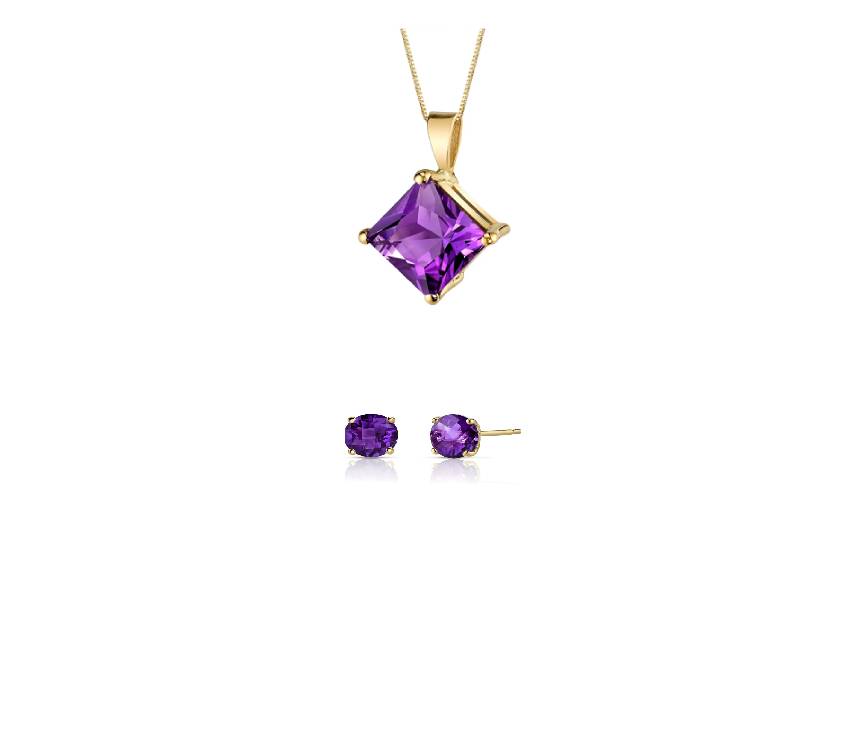 18K Yellow Gold 2ct Amethyst Princess Cut 18 Inch Necklace and Round Earrings Set Plated