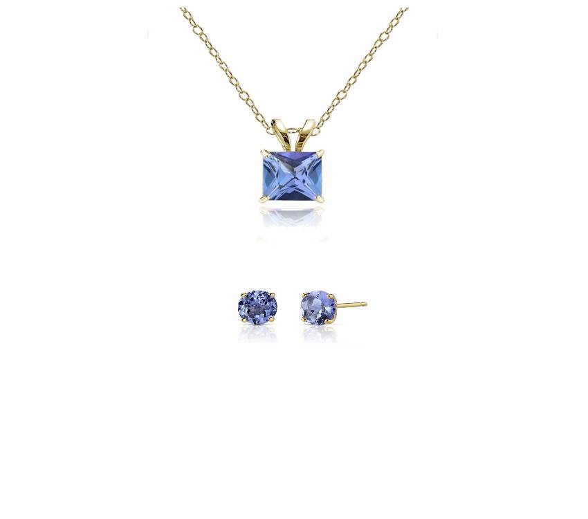 18K Yellow Gold 3ct Tanzanite Princess Cut 18 Inch Necklace and Round Earrings Set Plated