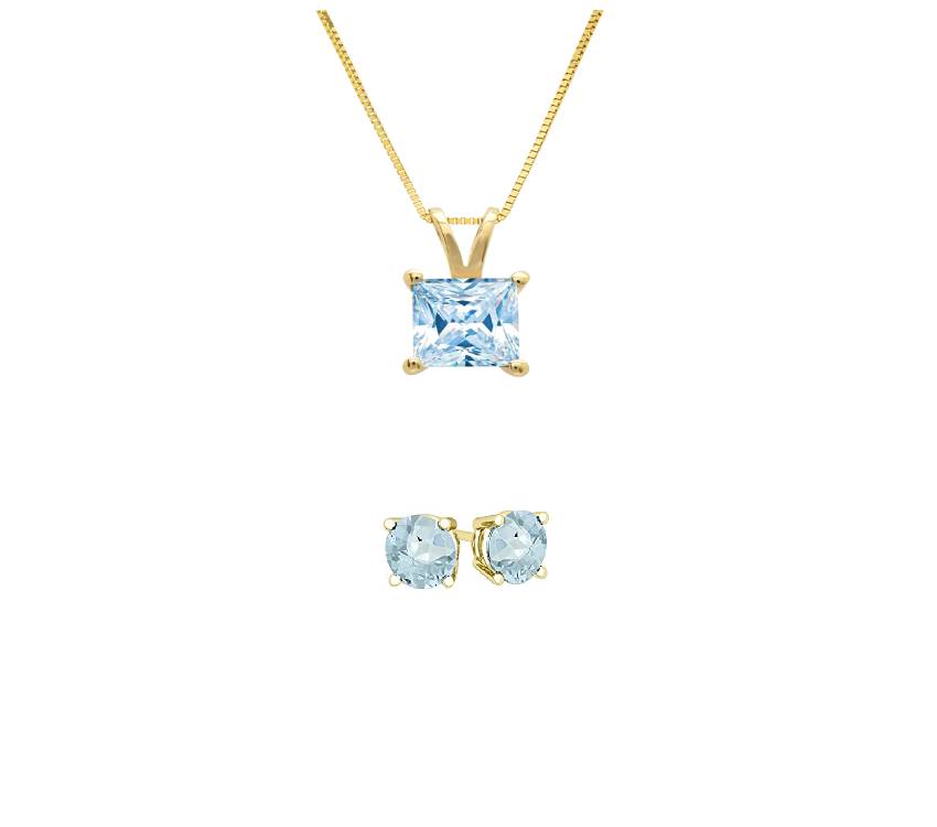 18K Yellow Gold 4ct Aquamarine Princess Cut 18 Inch Necklace and Round Earrings Set Plated