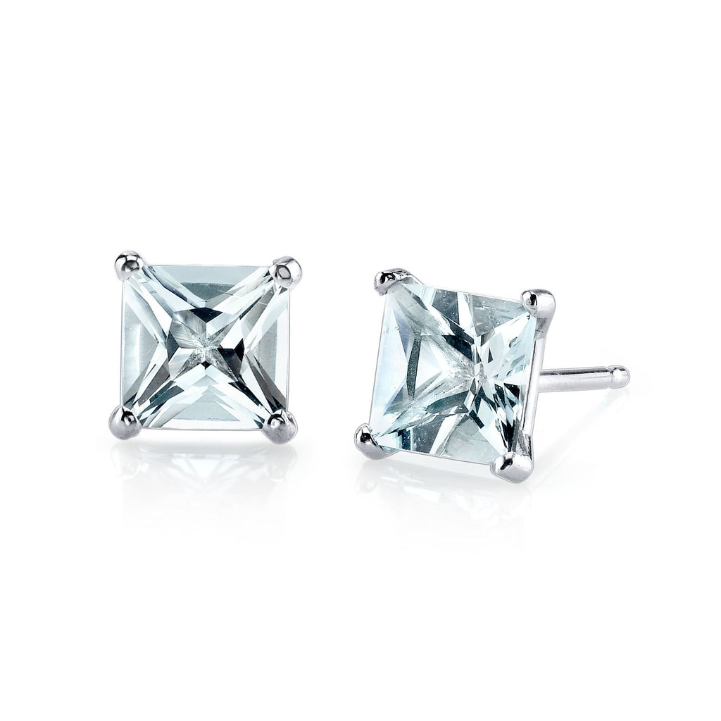 24k White Gold Plated 2 Cttw Aquamarine Princess Cut Stud Earrings