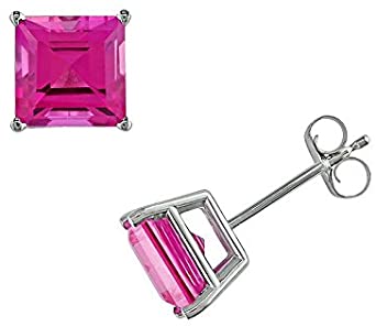 18k White Gold Plated 1/4 Carat Princess Cut Created Pink Sapphire Stud Earrings 4mm