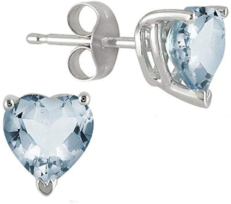 24k White Gold Plated 2 Cttw Aquamarine Heart Stud Earrings