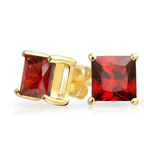 24k Yellow Gold Plated 2 Cttw Garnet Square Stud Earrings