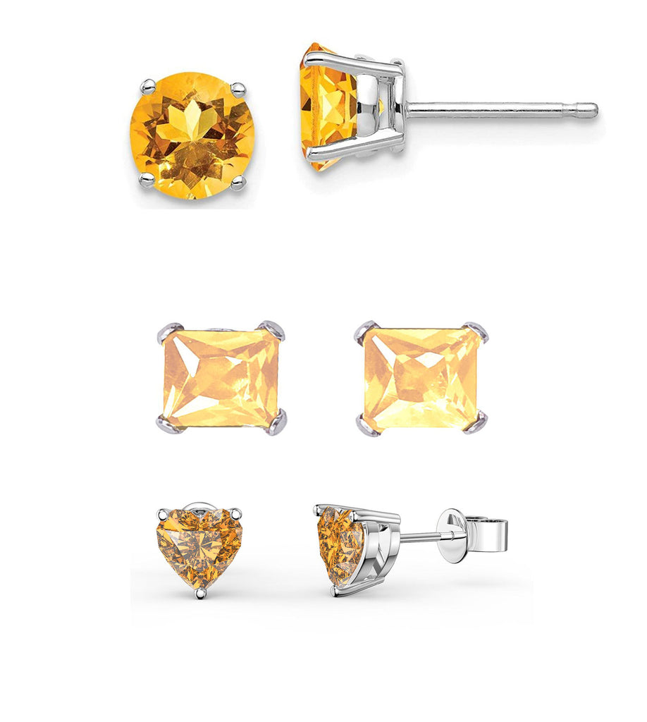 18k White Gold Plated 1/4Cttw 4mm Created Citrine 3 Pair Round, Square and Heart Stud Earrings