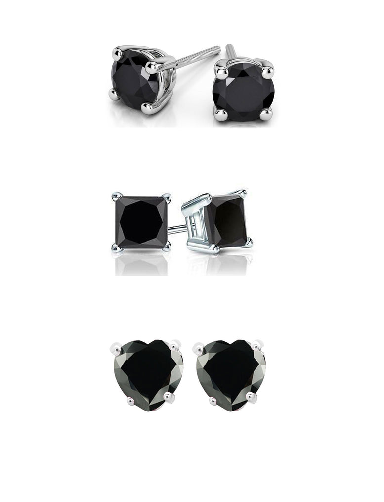 Paris Jewelry 18k White Gold 4Cttw Created Black Sapphire 3 Pair Round, Square And Heart Stud Earrings Plated