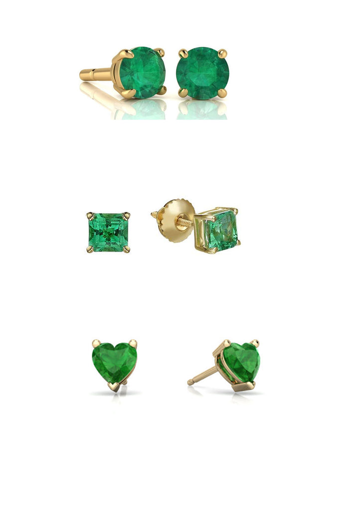 18k Yellow Gold Plated 1/4Cttw 4mm Created Emerald 3 Pair Round, Square and Heart Stud Earrings