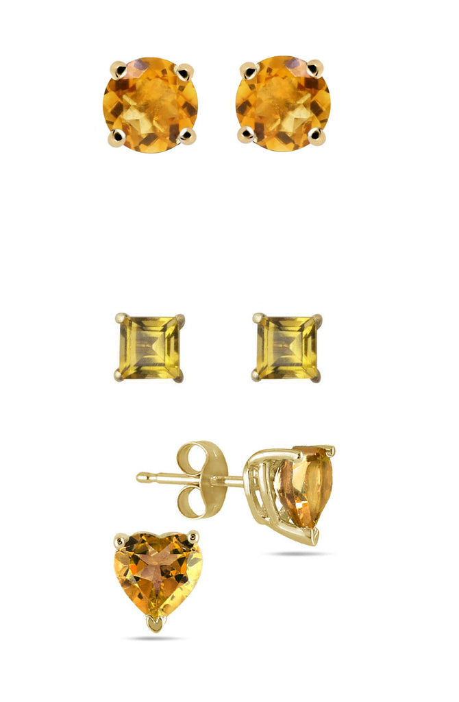 18k Yellow Gold Plated 1/4Cttw 4mm Created Citrine 3 Pair Round, Square and Heart Stud Earrings