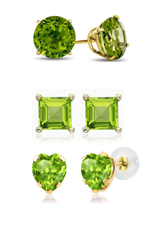 18k Yellow Gold Plated 1/4Cttw 4mm Created Peridot 3 Pair Round, Square and Heart Stud Earrings