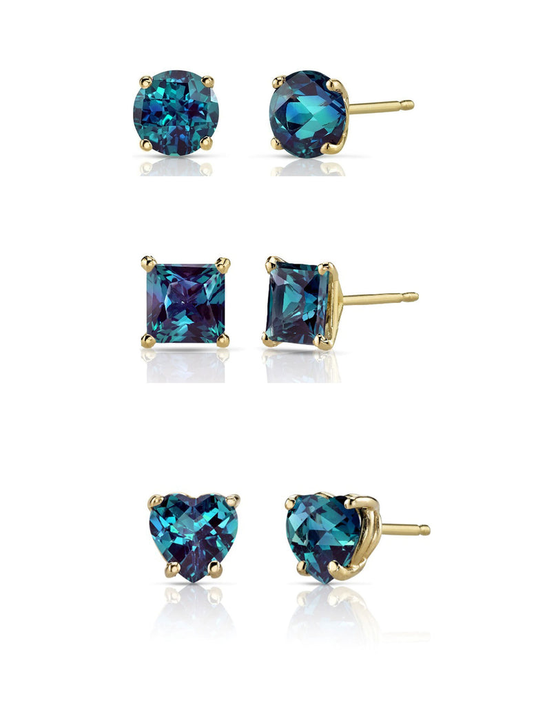 18k Yellow Gold Plated 1/4Cttw 4mm Created Alexandrite 3 Pair Round, Square and Heart Stud Earring