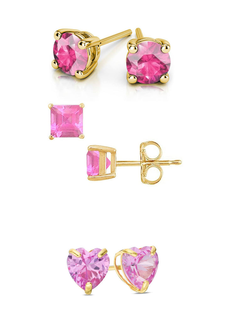 18k Yellow Gold Plated 1Cttw 7mm Created Pink Sapphire 3 Pair Round, Square and Heart Stud Earrings