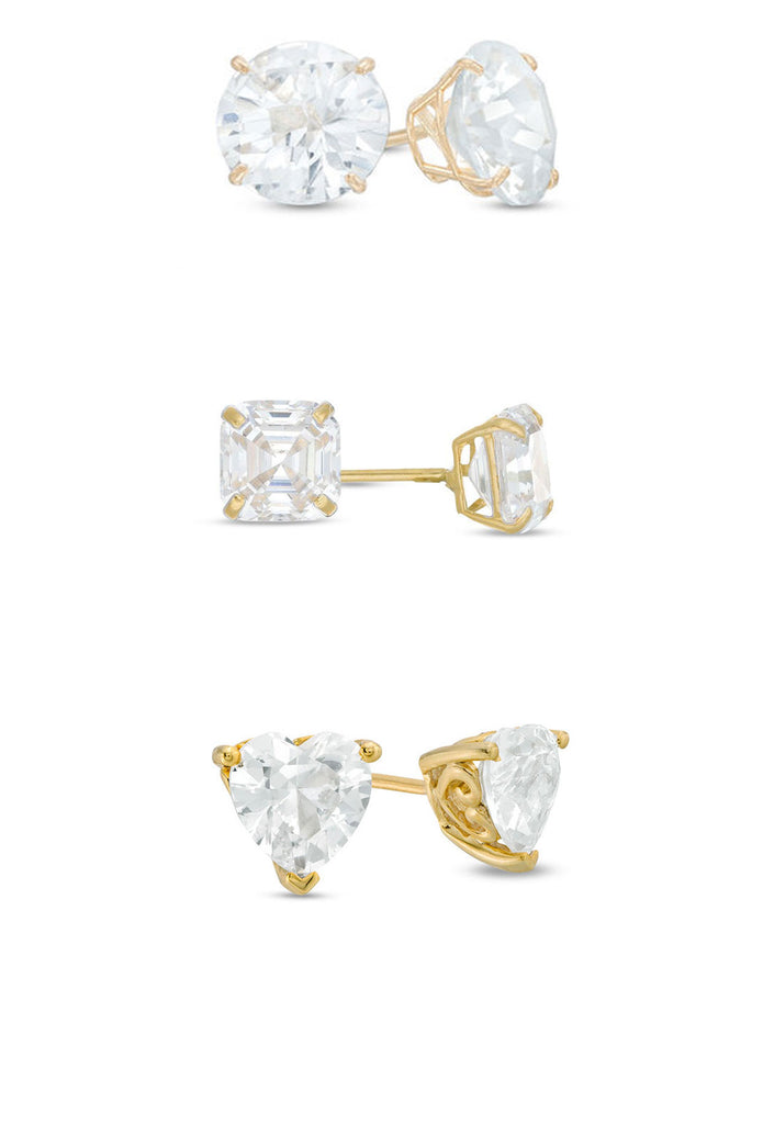 18k Yellow Gold Plated 1Cttw 7mm Created White Sapphire 3 Pair Round, Square and Heart Stud Earrings