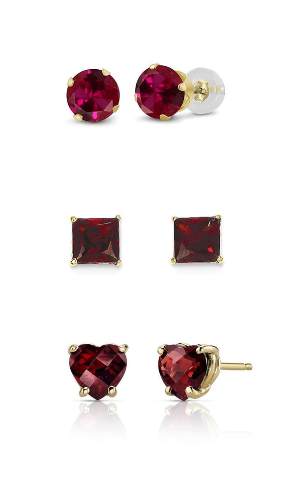 18k Yellow Gold Plated 3Cttw 8mm Created Garnet 3 Pair Round, Square and Heart Stud Earrings