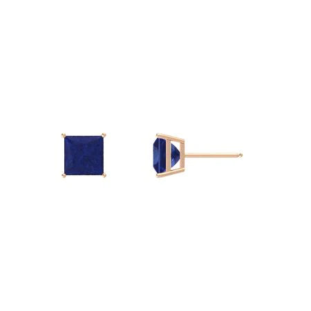 18k Rose Gold 1/4 Ct Blue Sapphire Princess Cut Stud Earrings 4mm Plated