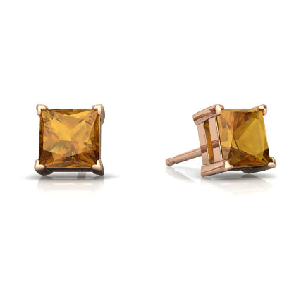 18k Rose Gold 1/4 Ct Citrine Princess Cut Stud Earrings 4mm Plated